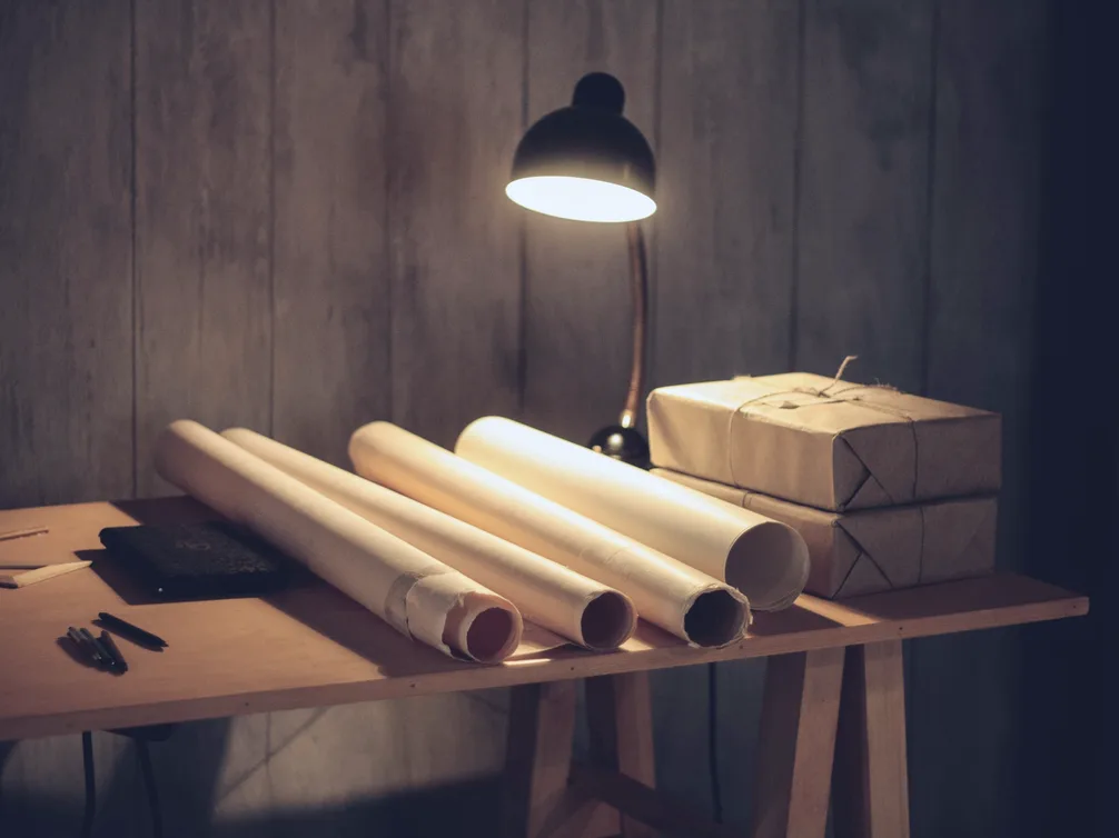 Rolled drawings on a studio desk lit by a lamp